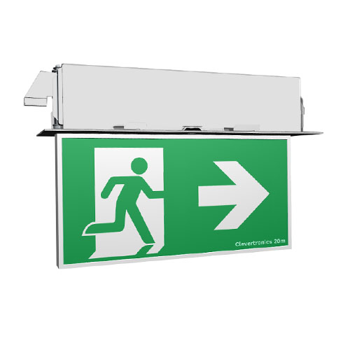 Form 20M Exit, Recessed Ceiling Mount, L10 Nanophosphate, Clevertest Plus, All Pictograms, Double Sided, Brushed Aluminium Frame